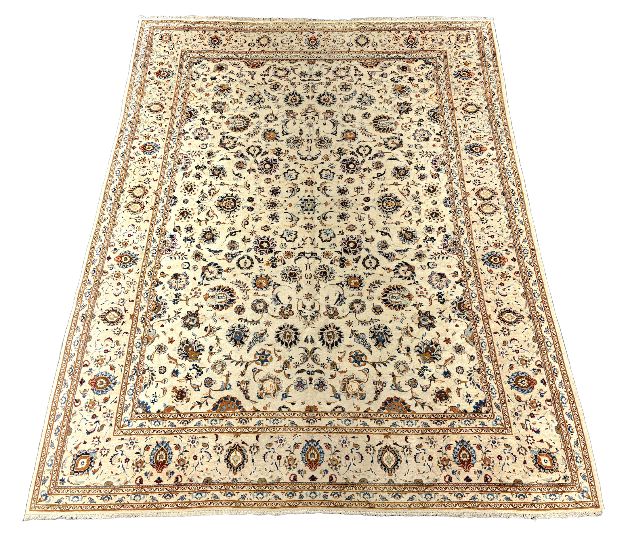 A Kashan ivory ground carpet, central field of foliate motifs, multi bordered, 400 x 308cm, Please note this lot attracts an additional import tax of 5% on the hammer price